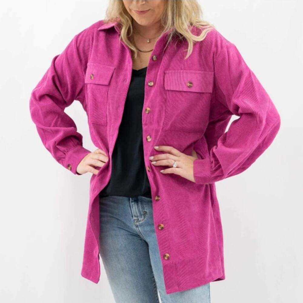 ENTRO Corduroy Button Down Tunic Shirt Long Sleeve Magenta Pink Womens Size M
